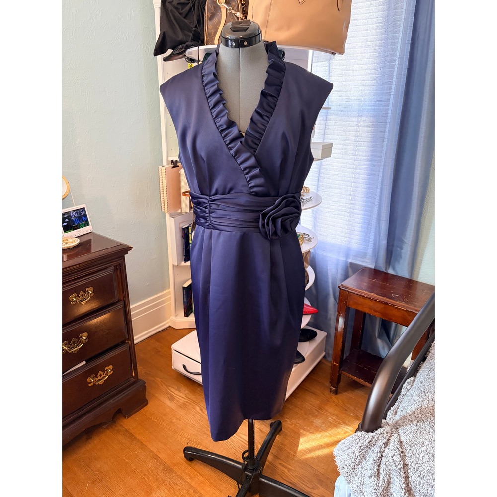 Jessica H Sheath Dress 12 Navy Ruffle Rose Cocktail Elegant Autumn Wedding Guest